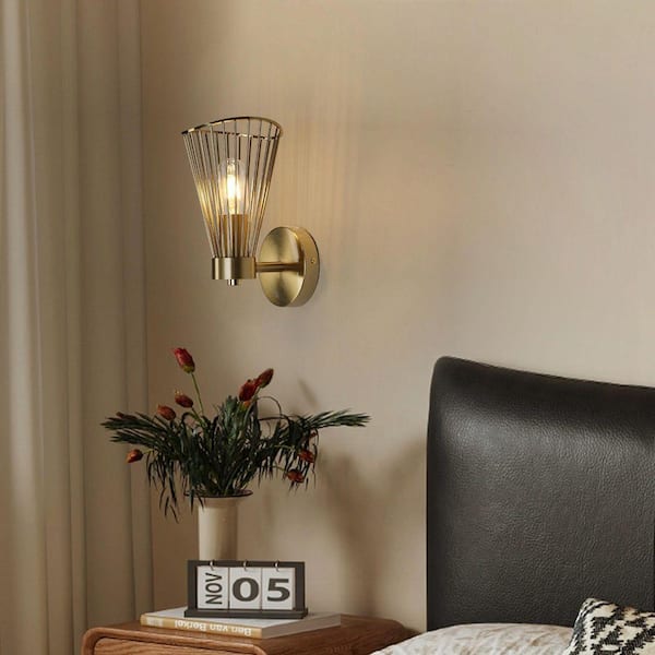 Metallic Cage 7.48 in. 1-Light Gold Modern Industrial Wall Sconce with Wireframe Shade Bulb Not Included