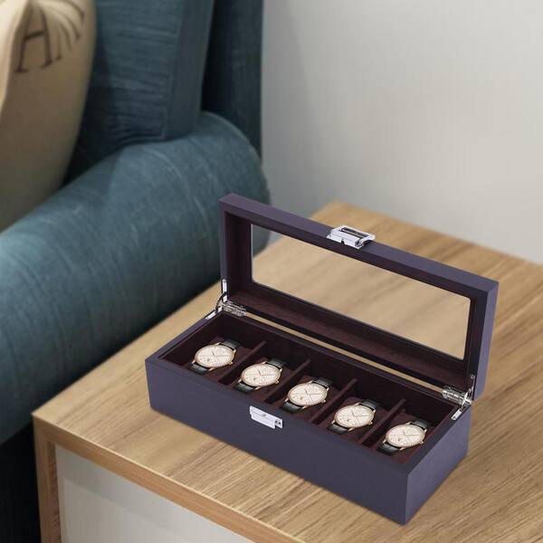  CASE ELEGANCE Solid Espresso Wood Watch Box Organizer with  Glass Display Top : Clothing, Shoes & Jewelry