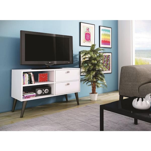 Manhattan Comfort Dalarna 35 in. White Composite TV Stand with 2 Drawer Fits TVs Up to 32 in. with Built-In Media Storage