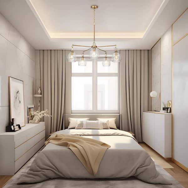 28.7 in. Modern 5-Light Brass Gold Island Chandelier for Kitchen with Bell Glass Shades Dining Room Pendant Light
