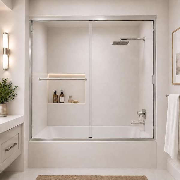 Nebula 60 in. W x 56 in. H Sliding Bath Tub Door in Semi Frameless in Silver with Clear Glass