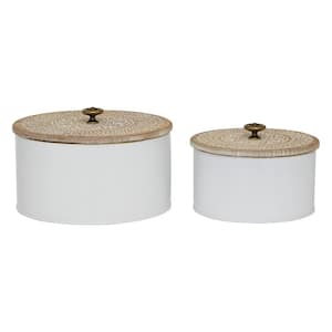 White Metal Decorative Jars with Wood Lids (Set of 2)