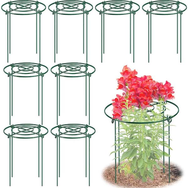 11.5 in. D x 16 in. H Peony Cages and Supports, Heavy Duty Metal Plant Support Ring for Outdoor Plants in Green (8-Pack)