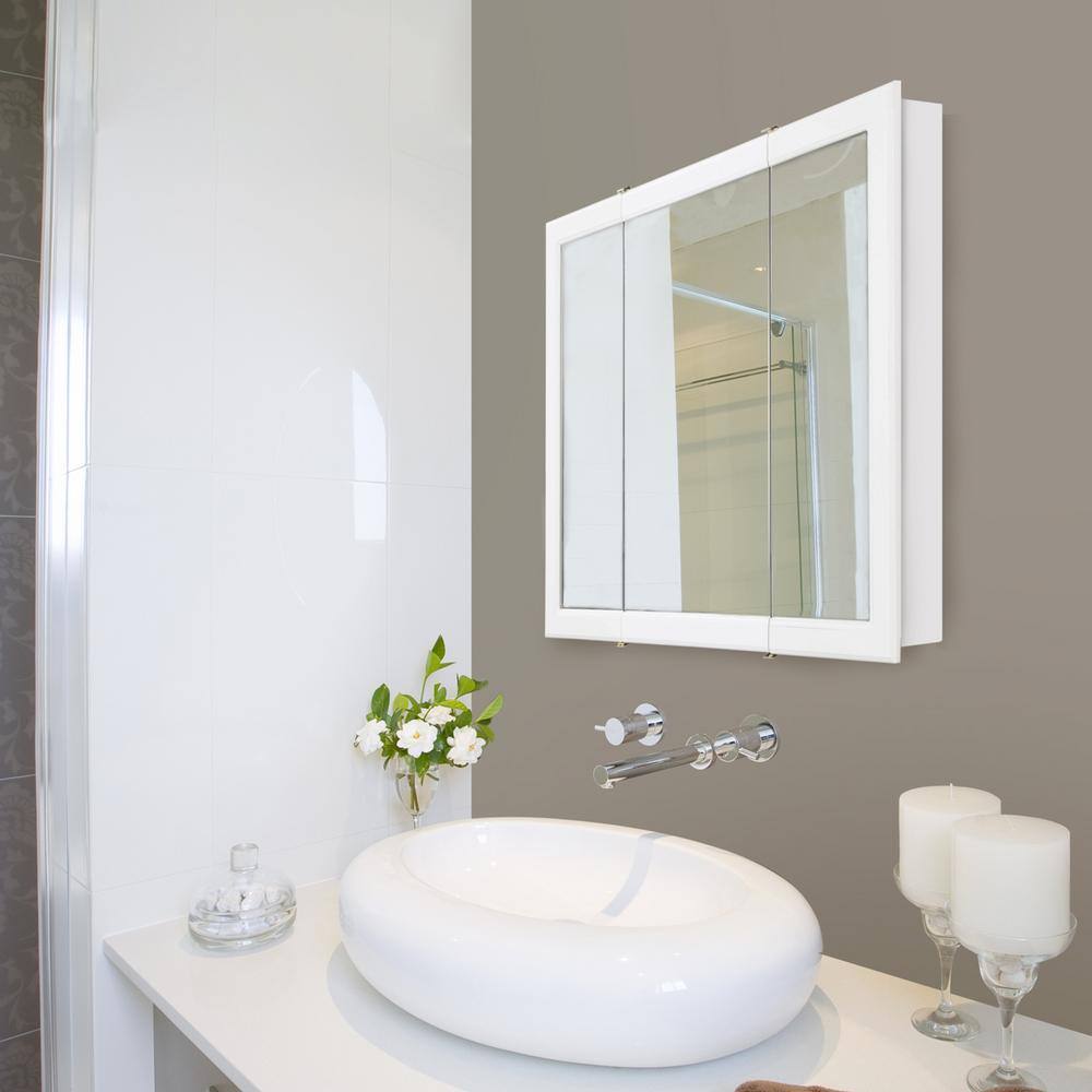 White Wood 30-Inch Bathroom Medicine Cabinet with Mirrored Doors