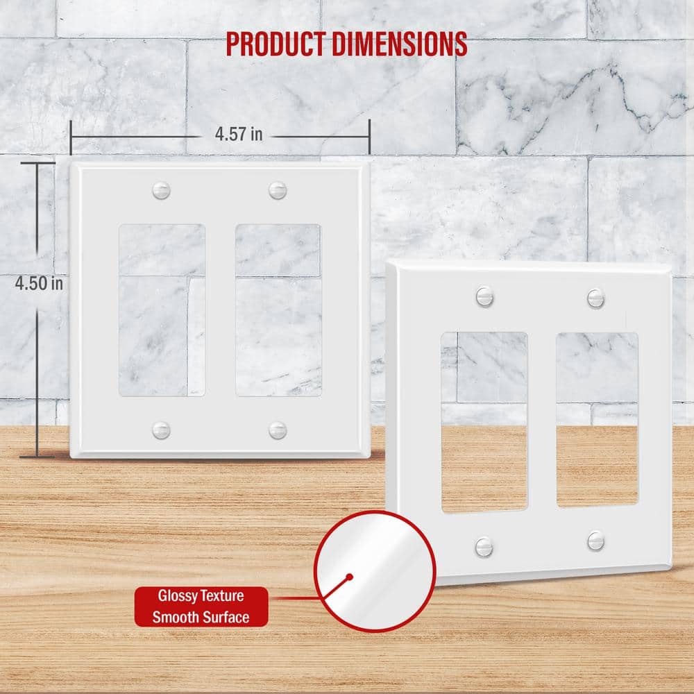 White Gloss 2-Gang Metal Decorator/Rocker Wall Plate Set