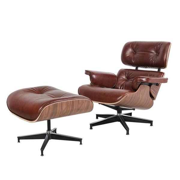 Brown Faux Leather Swivel Lounge Chair and Ottoman