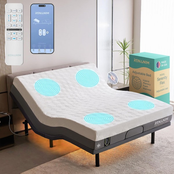 Renanim Gray King Adjustable Bed Frame USB, APP, Dual Massage, Head/Foot Incline, Under Bed Light with 14 in. Hybrid Mattress