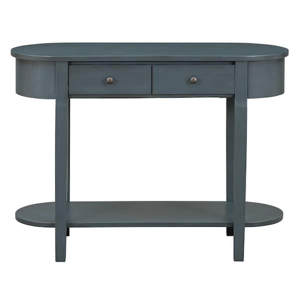 anpport Elegant Retro 40 in. Navy Specialty Wood Console Table with Curved Design & 2 Drawers