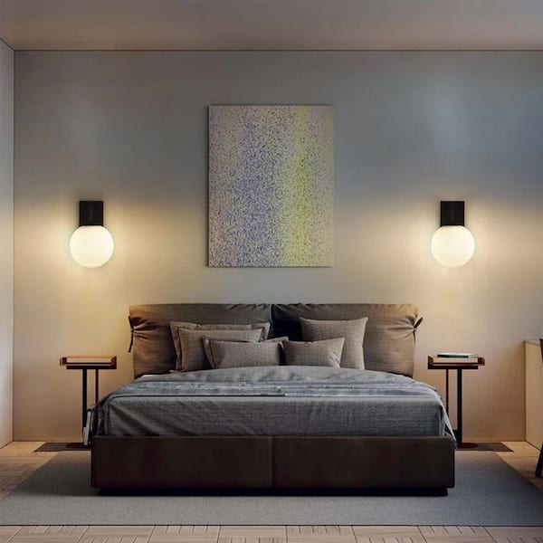 Modern 7.5 in. Matte Black Outdoor and Indoor Wall Sconce with White Globe Glass Shade