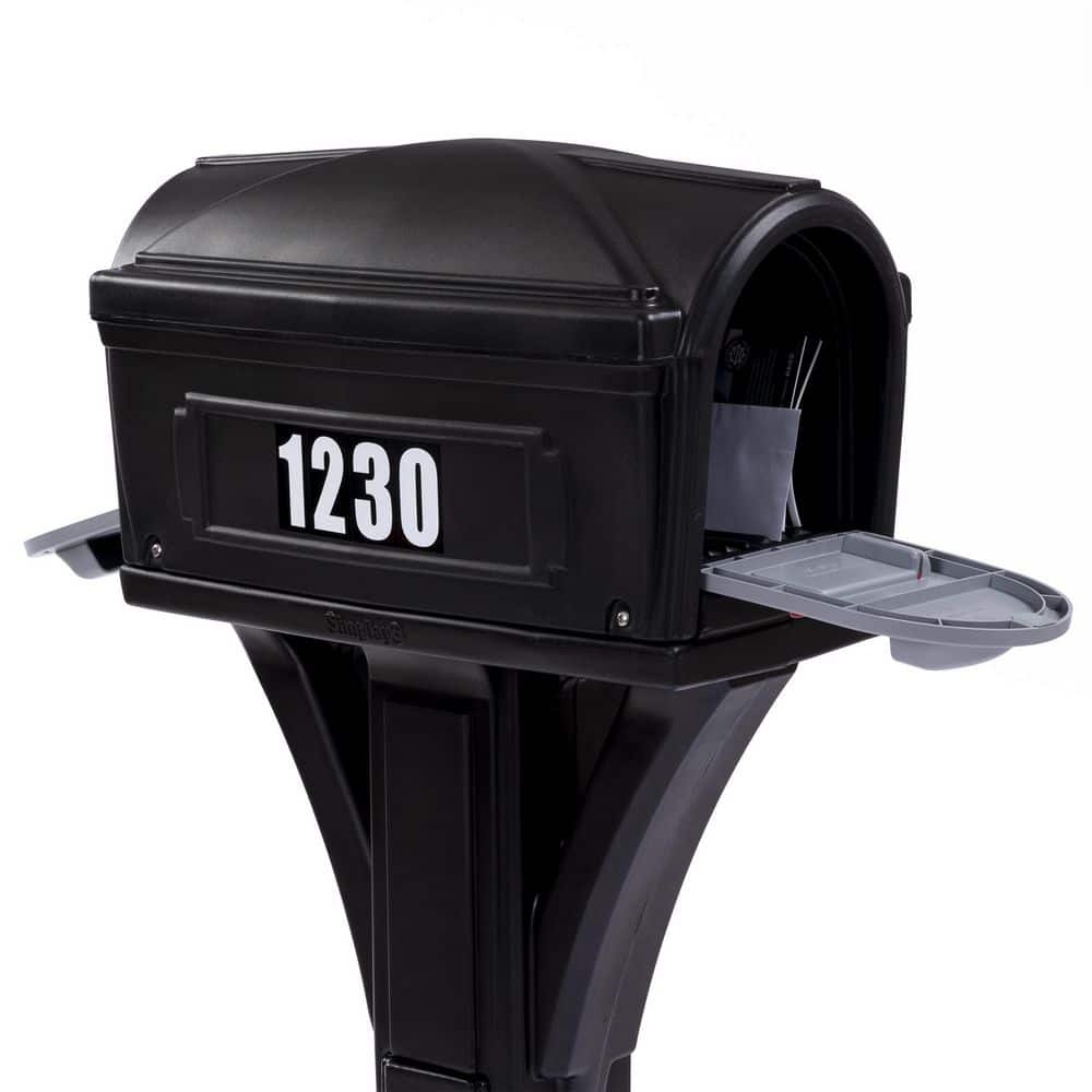 Classic Black Plastic Post Mounted Mailbox with Dual Access Doors