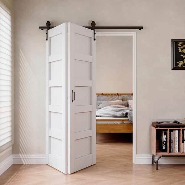 ARK DESIGN 56 in. W. x 80 in. Paneled 5-Lite White Primed MDF Bifold Sliding Barn Door with Hardware Kit