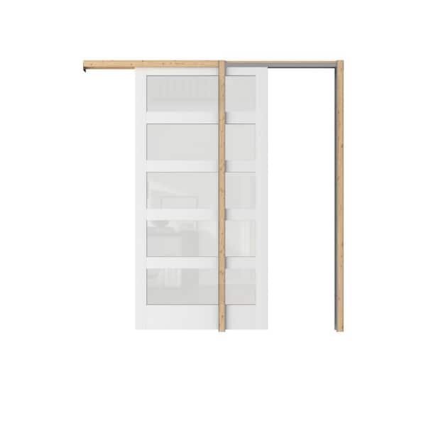 32 in. x 80 in. 5-Lite, Pre-assembled Panel, Tempered Frosted MDF, White Primed Pocket Door Frame with Hardware