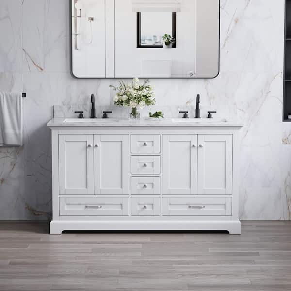 ANGELES HOME 60 in. W Freestanding White Bath Vanity with Carrara White Marble Top, Double Sink, Assembled