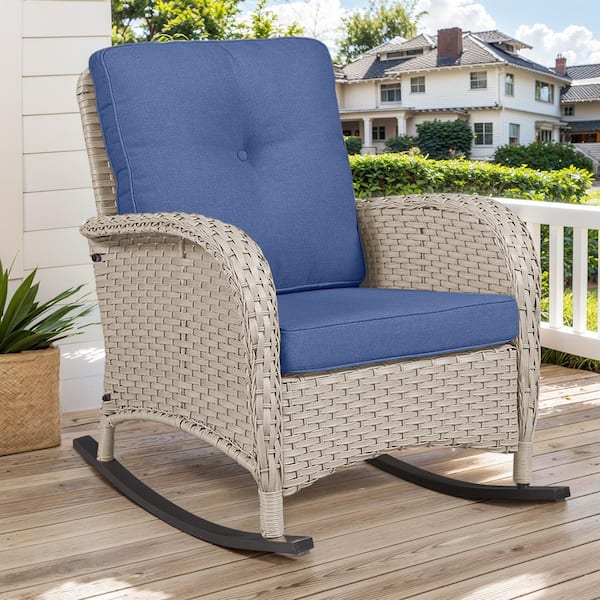 Opohoro PlainCurve Metal and Light Beige Wicker Outdoor Rocking Chair with Olefin Navy Blue Cushions