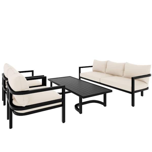 Sudzendf 4-Piece Outdoor Steel Sectional Sofa Set with Beige Cushions