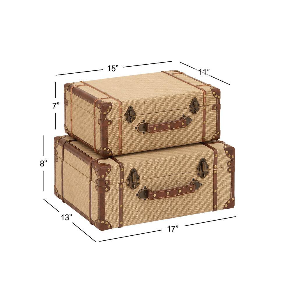 Beige Burlap and Leather Vintage Trunk Set, 2 Pieces