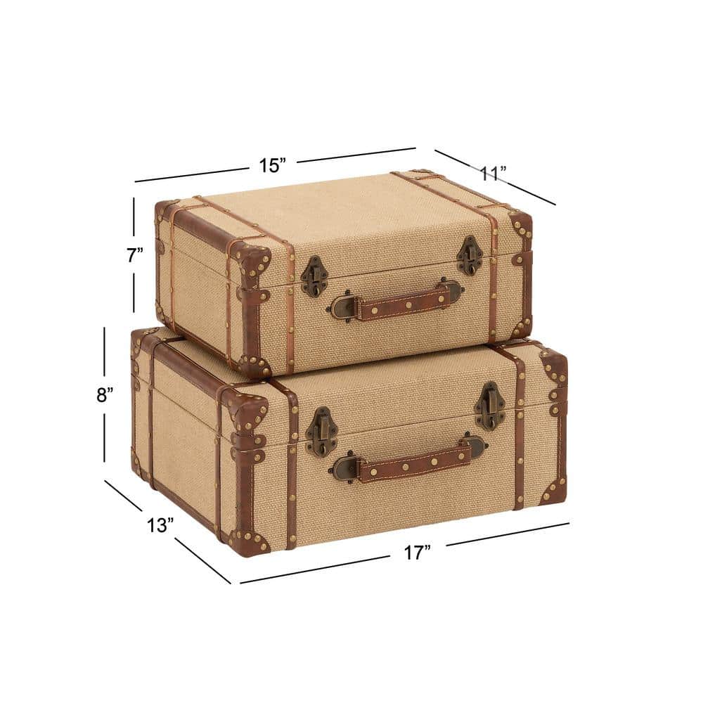 Beige Burlap and Leather Vintage Trunk Set, 2 Pieces