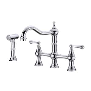 Double Handle Solid Brass Hot and Cold Bridge Kitchen Faucet with Pull Out Side Spray in Brushed Chrome