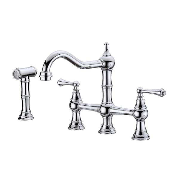 Mondawe Double Handle Solid Brass Hot and Cold Bridge Kitchen Faucet with Pull Out Side Spray in Brushed Chrome