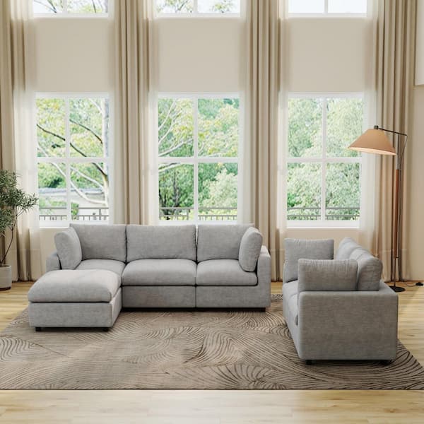 6-Piece Modular Gray Chenille Fabric Cloud Sectional Sofa Living Room Set with Washable Covers, Ottoman, Pine Wood Frame
