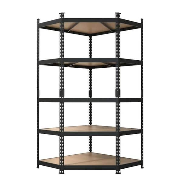 Black Label 5-Tier Powder-Coated Steel Storage Corner Shelving Unit in Black, HDF Racks (36 in. W x 72 in. H x 36 in. D)