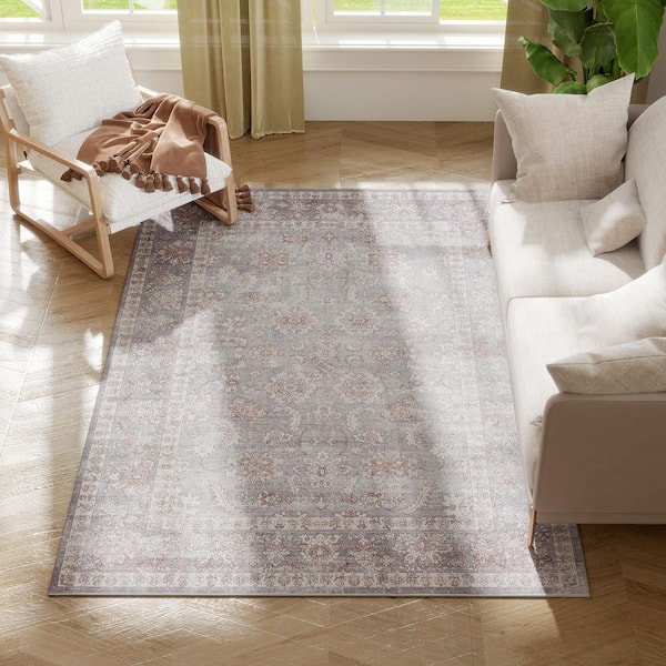 Area Rug 4 ft. x 6 ft. Machine Washable Rug, Traditional Cover Rug for Living Room, Bedroom, Dining Room, Grey and Brown