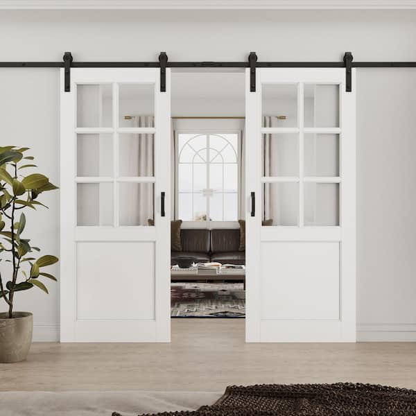 64 in. x 80 in. 6 Lite Tempered Clear Glass White Primed MDF Sliding Barn Door with Hardware Kit