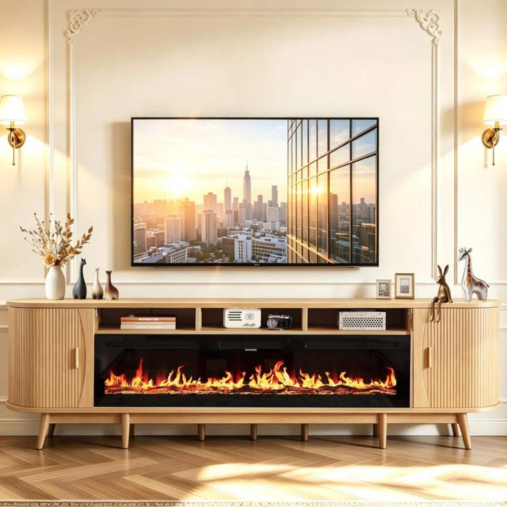 "97"" Fireplace TV Stand with 60"" Electric Fireplace, TV Console with Sliding Doors & Adjustable Shelves, Oak" price history on PriceWatchPro