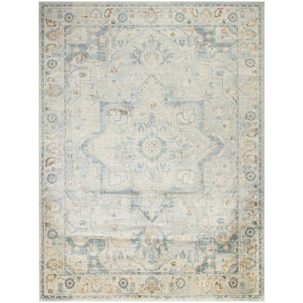 7 X 9 Blue and Ivory Floral Medallion Power Loom Distressed Washable Area Rug