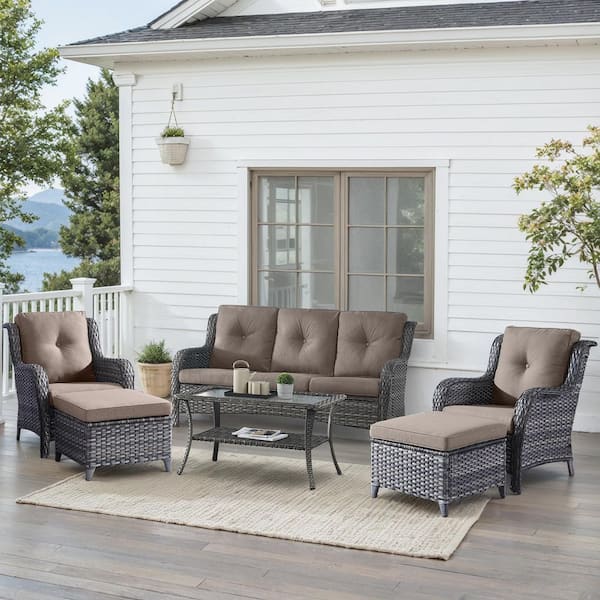 6-Piece Gray Wicker Patio Conversation Set with Olefin Gray Cushions and Lounge Chairs/Sofa