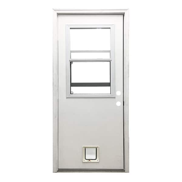 Steves & Sons 32 in. x 80 in. Reliant Series Clear Vented Half Lite LHIS White Primed Fiberglass Prehung Back Door with Small Cat Door