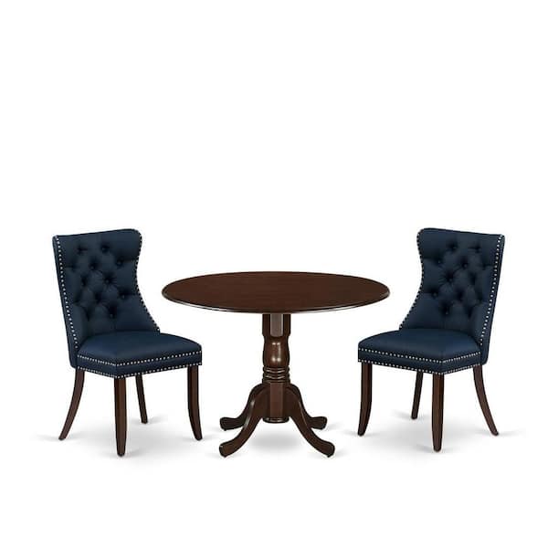 East West Furniture 3-Piece Mahogany Finish Solid Wood Top-Round Dining Room Set with Dropleaf-Seats 4