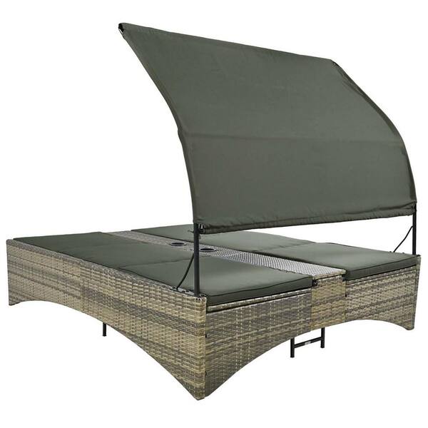 Wicker Outdoor Day Bed with Gray Cushions Rattan Sun Lounger with Shelter Roof with Adjustable Backrest Storage Box