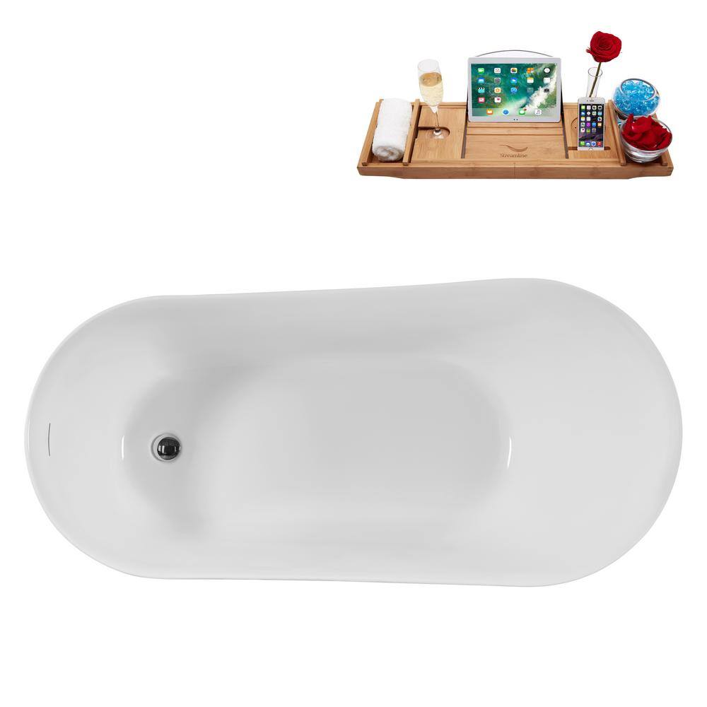 59" Glossy White Acrylic Freestanding Soaking Bathtub with Bamboo Tray