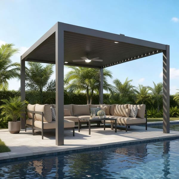 10 ft. x 13 ft. Dark Gray Aluminum Outdoor Solar-Powered Electric Louvered Pergola with Ceiling Fan and LED Lights