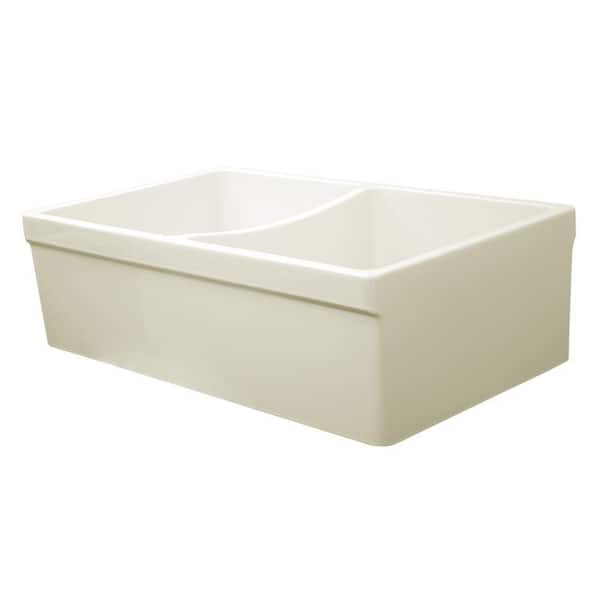 Whitehaus Collection Quatro Alcove Reversible Farmhaus Series Farmhouse Apron Front Fireclay 33 in. Double Bowl Kitchen Sink in Biscuit
