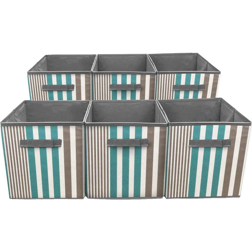 Aqua and Gray Striped Collapsible Fabric Storage Cubes - 6 Pack