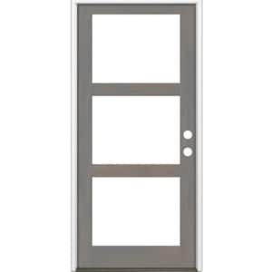 42 in. x 96 in. Modern Hemlock Left-Hand/Inswing 3-Lite Clear Glass Grey Stain Wood Prehung Front Door