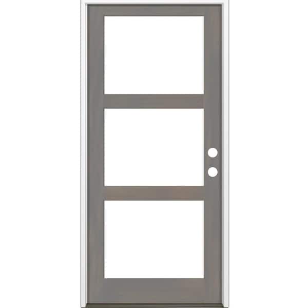 42 in. x 96 in. Modern Hemlock Left-Hand/Inswing 3-Lite Clear Glass Grey Stain Wood Prehung Front Door