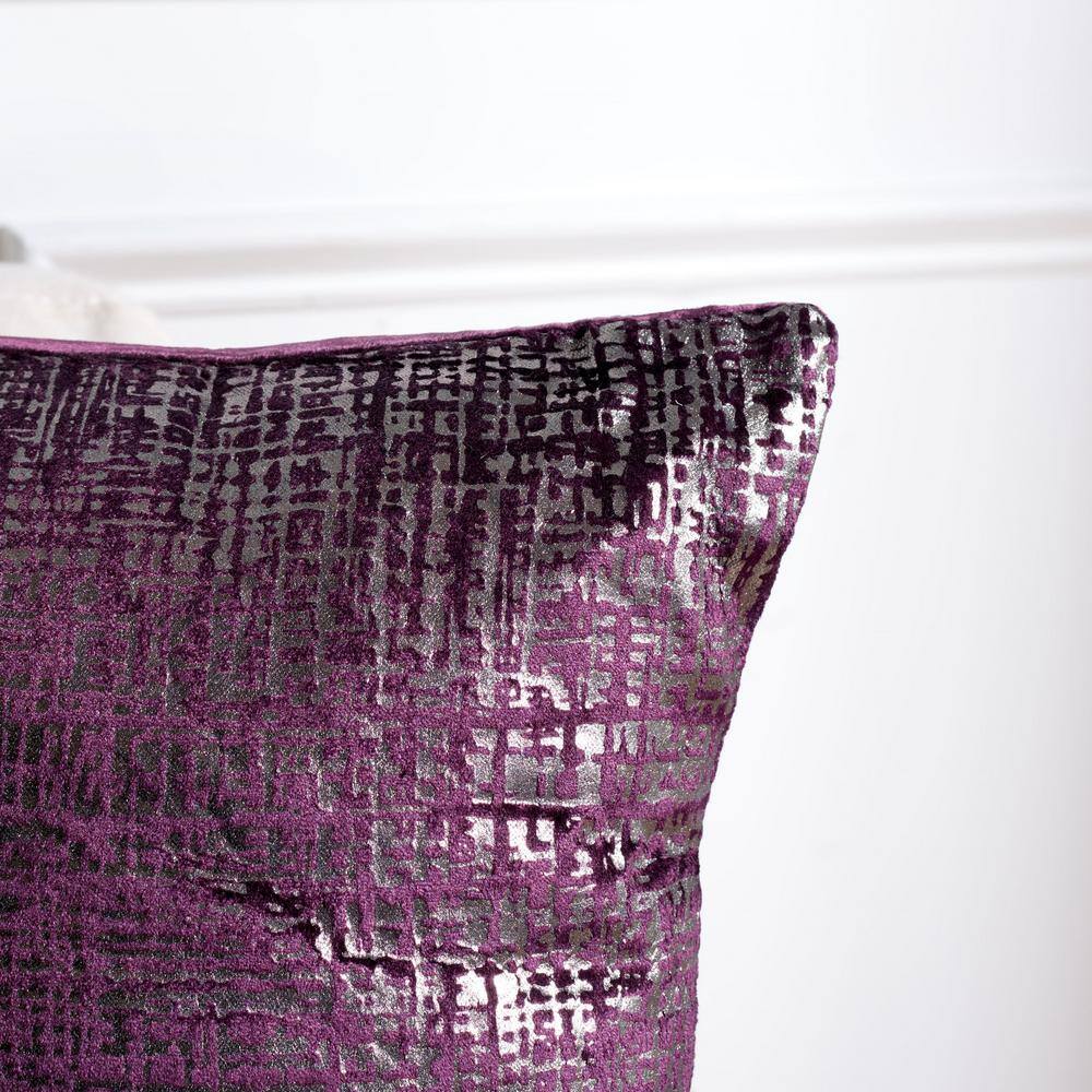 Purple and Silver Viscose Velvet Square Decorative Pillow