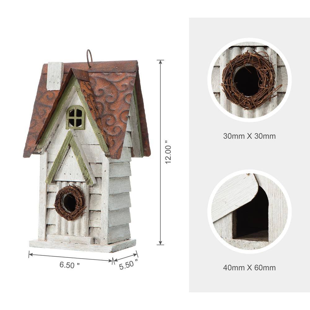 12" Weathered White Solid Wood Cottage Birdhouse with Metal Roof