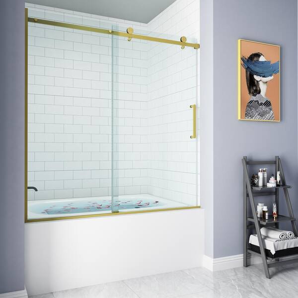 HOROW 55 in. 59 in. W x 60 in. H Contemporary Single Sliding Frameless Bathtub Door in Golden