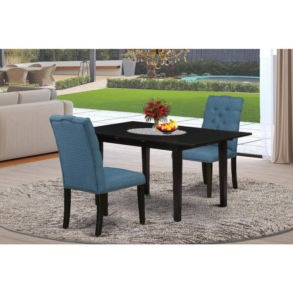 3-Piece Black Finish Rectangular Solid Wood Top With Butterfly Leaf Dining Table Set
