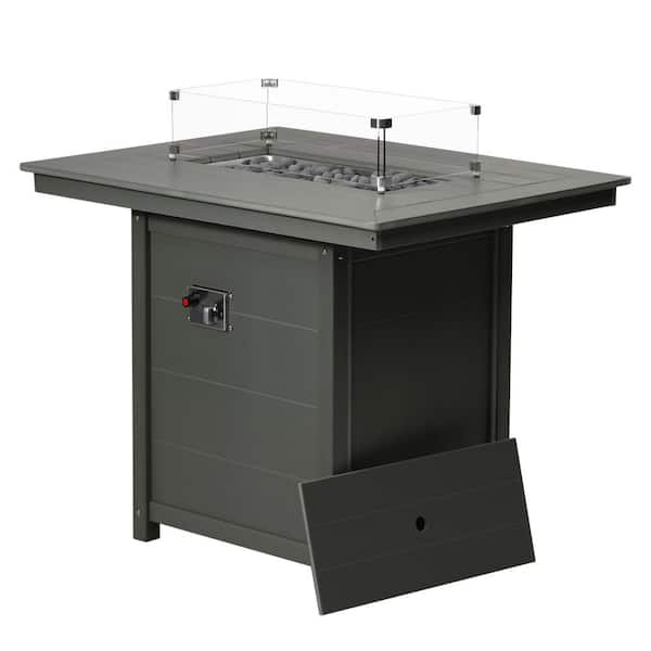 Bloomfield Rectangle 34" X 46" Outdoor Propane Gas Counter Fire Pit Table with Glass Wind Guard Lid, Lava Rocks, Gray