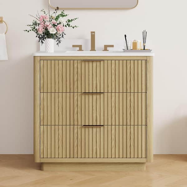 36 in. W x 22 in. D x 35 in. H Freestanding Bath Vanity in Oak with White Quartz Top