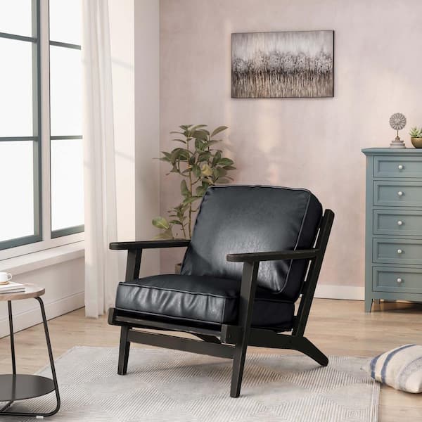 ATHMILE Black Mid-Century PU Leather Solid Wood Accent Chair with Removable Cushion (Set of 1)