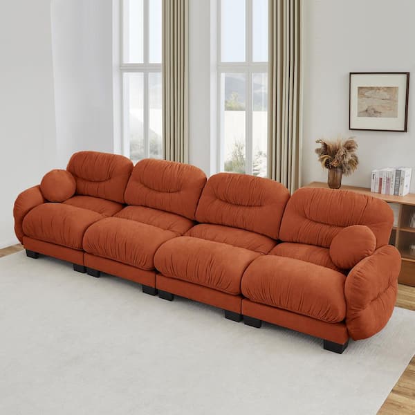 150.3 in. Round Arms Chenille 4-Seater Modular Sectional Sofa in Orange with Throw Pillows
