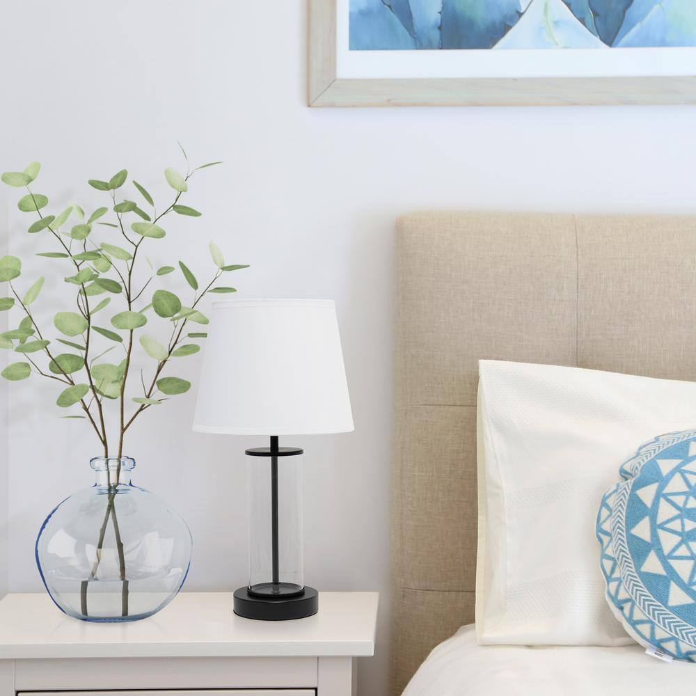 Black Metal and Clear Glass Table Lamp with White Fabric Shade