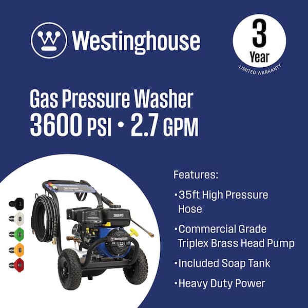 3600 PSI 2.7 GPM 212cc Gas Powered Triplex Pump Cold Water Pressure Washer with 5-Quick Connect Nozzles