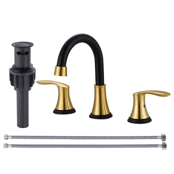 IVIGA 8 in. Widespread Double Handle Bathroom Faucet with Drain Kit Included in Black and Gold